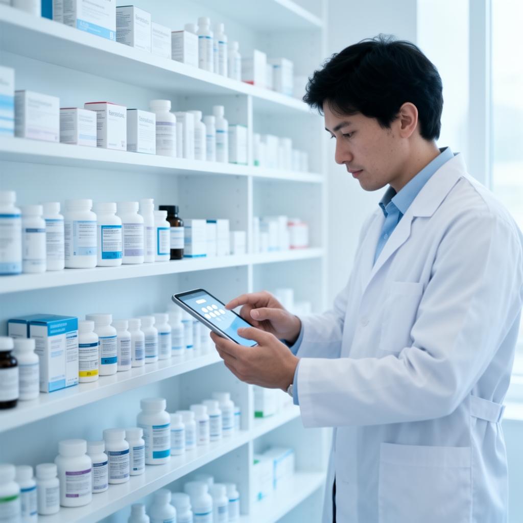 Químico farmacéutico responsable supervisando inventario